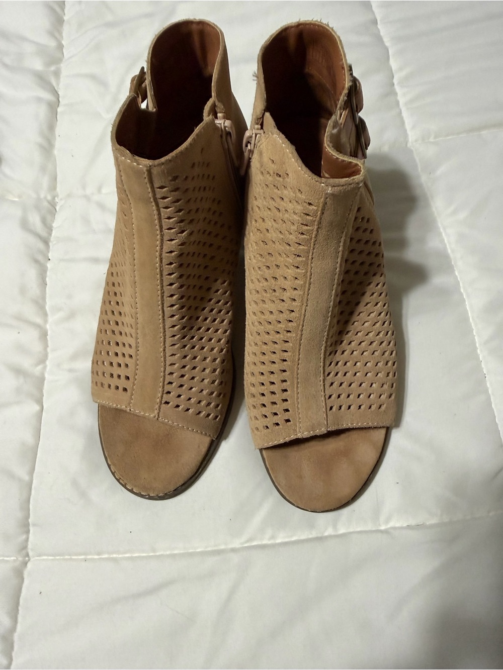 Vionic Tan Suede Perforated Peep-Toe Booties with Side Buckle - Picture 2 of 8